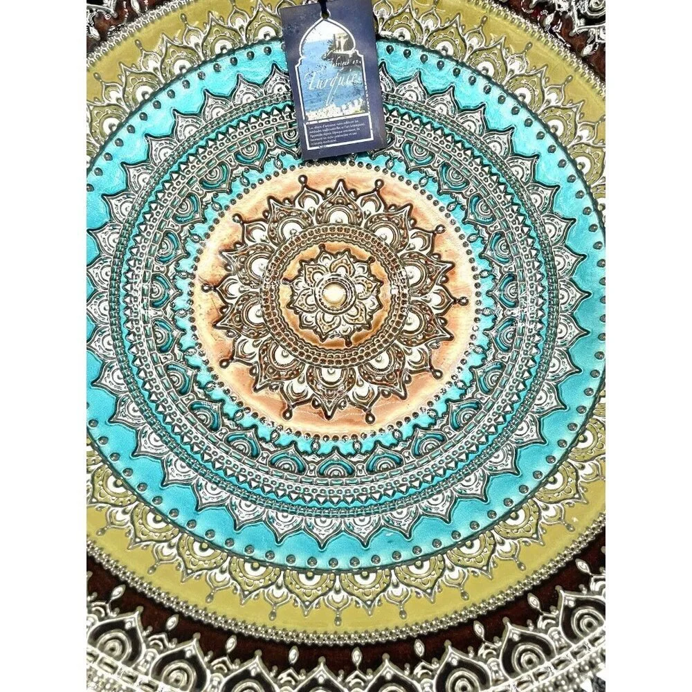 Turkish Glass Round Bowl Dinner Display Multi Color Oriental Lace 16” W XL